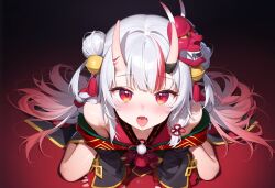 Rule 34 | 1girl, bell, blush, double bun, fang, fujiwarahima, gradient hair, hair bell, hair bun, hair ornament, hannya, hololive, horns, japanese clothes, kimono, long sleeves, looking at viewer, looking up, multicolored hair, nakiri ayame, obidome, on ground, oni, red eyes, saliva, sitting, skin-covered horns, sleeves past wrists, straight-on, streaked hair, tongue, tongue out, virtual youtuber, wariza, white hair