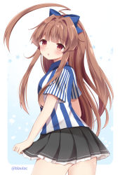 Rule 34 | 10s, 1girl, ahoge, bad id, bad pixiv id, bow, brown eyes, brown hair, chestnut mouth, employee uniform, hair bow, hair ribbon, highres, kantai collection, kuma (kancolle), lawson, long hair, looking at viewer, masayo (gin no ame), open mouth, parted lips, pleated skirt, ribbon, shirt, skirt, smile, solo, striped clothes, striped shirt, twitter username, uniform, vertical-striped clothes, vertical-striped shirt