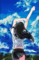 Rule 34 | 1girl, holding another&#039;s arm, black hair, black skirt, blue sky, cloud, contrapposto, cowboy shot, cropped legs, day, facing away, faux traditional media, from behind, fuyuhino, hair blowing, head tilt, long hair, original, outdoors, pleated skirt, sailor collar, school uniform, serafuku, short sleeves, skirt, sky, solo, standing, stretching, tree, wind, wind lift