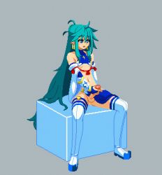 Rule 34 | 1boy, androgynous, animated, animated gif, aqua hair, blue eyes, boots, cross, cube, cum, detached sleeves, earrings, ejaculation, erection, goushu, grey background, heavy breathing, jewelry, loincloth, long hair, lowres, m.u.g.e.n, male focus, masturbation, mira misciano, navel, no panties, open mouth, penis, pixel art, pointy ears, simple background, sitting, solo, spread legs, tagme, testicles, thigh boots, thighhighs, trap, turtleneck, very long hair
