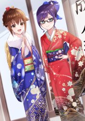 Rule 34 | 2girls, :d, a-chan (hololive), absurdres, alternate hairstyle, aqua eyes, blue kimono, blurry, blush, bow, brown eyes, brown hair, closed mouth, commentary request, depth of field, floral print, flower, fur collar, fur trim, furisode, glasses, hair bow, hair bun, hair flower, hair ornament, hair up, hand on own hip, highres, hololive, japanese clothes, kimono, long hair, long sleeves, looking at viewer, multiple girls, obi, open mouth, own hands together, print kimono, purple hair, raira (kinounozikan), red kimono, sash, sidelocks, single hair bun, smile, standing, steepled fingers, tokino sora, virtual youtuber, wide sleeves