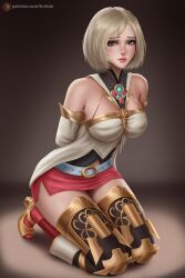 Rule 34 | 1girl, arduina (arduin art), ashelia b&#039;nargin dalmasca, bare shoulders, blonde hair, breasts, closed mouth, detached sleeves, final fantasy, final fantasy xii, full body, grey eyes, highres, kneeling, lips, looking at viewer, medium breasts, miniskirt, nose, red skirt, short hair, side slit, skirt, sleeveless, solo, thighhighs