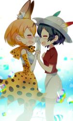 Rule 34 | 10s, 2girls, animal ears, backlighting, black hair, blonde hair, blush, bow, bowtie, bucket hat, crying, elbow gloves, closed eyes, fang, gloves, hair between eyes, hat, hat feather, high-waist skirt, highres, holding hands, kaban (kemono friends), kemono friends, lucky beast (kemono friends), marui shiro, multiple girls, profile, red shirt, sandstar, serval (kemono friends), serval print, shirt, short hair, shorts, skirt, sleeveless, sleeveless shirt, vignetting, wavy hair