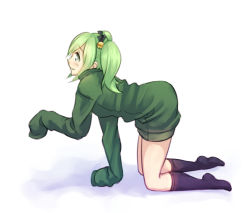 Rule 34 | 10s, 1girl, all fours, bell, blush, dress, gj-bu, green eyes, green hair, hair bell, hair ornament, kannazuki tamaki, matching hair/eyes, monorus, no pants, oversized clothes, short twintails, sleeves past wrists, socks, solo, sweater, sweater dress, twintails