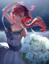 Rule 34 | 1girl, arm up, blue dress, blue eyes, blurry, bouquet, dark-skinned female, dark skin, depth of field, dress, field, flower, flower field, gundam, gundam suisei no majo, hair ornament, headband, highres, holding, holding bouquet, is aoto, light particles, light rays, long hair, looking at viewer, no bra, open mouth, red hair, ribbon, solo, suletta mercury, white flower