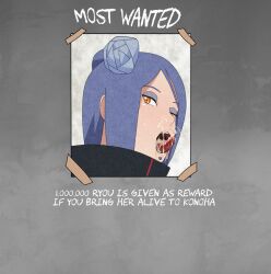 Rule 34 | 1girl, blue hair, cum, cum in mouth, female focus, highres, konan (naruto), looking at viewer, naruto (series), open mouth, orange eyes, photo (object), piercing, tongue, wanted, wanted poster, yuki (artist)