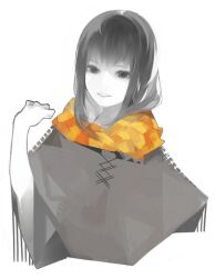 Rule 34 | 1girl, arm up, bad id, bad pixiv id, black eyes, black hair, brown poncho, character request, copyright request, enpera, hand up, looking at viewer, medium hair, open mouth, orange scarf, poncho, scarf, sentakki, simple background, solo, solo focus, upper body, white background