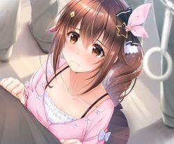 Rule 34 | 1girl, absurdres, blush, brown eyes, brown hair, brown skirt, camisole, closed mouth, diamond hair ornament, embarrassed, frilled camisole, frills, furrowed brow, hair between eyes, hair flaps, hair ornament, hair ribbon, hairclip, highres, hololive, kamishiro mai (capti-no), long hair, long sleeves, looking at another, pink shirt, plaid, plaid skirt, pleated skirt, ribbon, shirt, skirt, solo focus, star (symbol), star hair ornament, subway, tokino sora, tokino sora (casual), train interior, virtual youtuber, white camisole