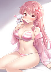 Rule 34 | 2girls, :o, bikini, blush, braid, breasts, cleavage, closed eyes, collarbone, commentary request, flower, grey hair, hair between eyes, hair flower, hair ornament, heart, jacket, large breasts, long hair, long sleeves, mini person, minigirl, multiple girls, navel, nikoo, off shoulder, open clothes, open jacket, original, parted lips, pink hair, pink jacket, pointy ears, puffy long sleeves, puffy sleeves, red eyes, red flower, single braid, sleeves past wrists, striped bikini, striped clothes, swimsuit, very long hair, white flower