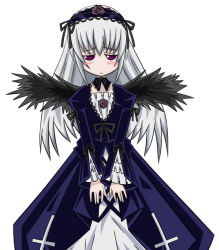 Rule 34 | 00s, 1girl, black wings, blush, dress, frills, gothic lolita, grey hair, hairband, lolita fashion, long hair, looking at viewer, rozen maiden, sad, simple background, solo, suigintou, v arms, white background, wings