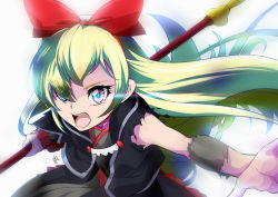 Rule 34 | 1girl, backlighting, black vest, blonde hair, bow, bow hairband, dokidoki! precure, eyes visible through hair, floating hair, hair between eyes, hair bow, hairband, holding, holding weapon, long hair, open mouth, precure, red bow, red hairband, regina (dokidoki! precure), solo, tomo5656ky, torn clothes, torn sleeves, very long hair, vest, weapon, white background