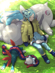 Rule 34 | 1boy, altaria, blue footwear, blue mittens, boots, cetoddle, closed eyes, commentary request, creatures (company), cubchoo, day, eyelashes, game freak, gen 2 pokemon, gen 3 pokemon, gen 5 pokemon, gen 8 pokemon, grass, green hair, green pants, grusha (pokemon), highres, jacket, light rays, long sleeves, male focus, min (myna8247), mittens, nintendo, outdoors, pants, pokemon, pokemon (creature), pokemon sv, scarf, signature, sleeping, sneasel, snom, unworn scarf, yellow jacket