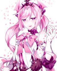 Rule 34 | 1girl, absurdres, bare shoulders, cherry blossoms, chuki (lydia), collarbone, crown, demon girl, demon horns, elsword, highres, horns, long hair, luciela r. sourcream, noblesse (elsword), open mouth, pink horns, pointy ears, ribbon, smile, twintails