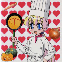 Rule 34 | 00s, album cover, blonde hair, blue eyes, carrot, chef, child, cover, frying pan, hand on own hip, highres, jack-o&#039;-lantern, long hair, mesousa, official art, onion, pan (object), pani poni dash!, pumpkin, rebecca miyamoto, solo, very long hair