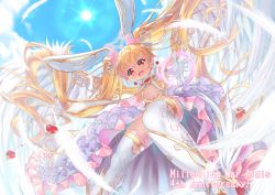Rule 34 | 1girl, animal ears, anniversary, bettle (b s a n), blonde hair, blue sky, breasts, bridal gauntlets, character request, copyright name, day, dress, earrings, feathers, flower, hair flower, hair ornament, heart, heart earrings, jewelry, long hair, looking at viewer, magic, rabbit ears, ribbon, sennen sensou aigis, shoes, skirt, sky, small breasts, solo, standing, sun, twintails, very long hair, white dress, white feathers, white legwear, white ribbon, white skirt, white wings, winged footwear, wings