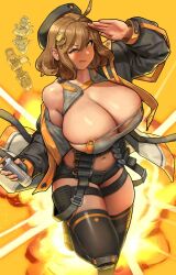Rule 34 | 1girl, anis (nikke), beret, black hat, black thighhighs, breasts, brown hair, cleavage, commentary, english commentary, eu03, goddess of victory: nikke, hat, huge breasts, looking at viewer, neon (nikke), one eye closed, orange eyes, rapi (nikke), short hair, solo, thighhighs