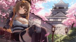 Rule 34 | 1girl, 2gong (9ujin ), absurdres, anis (nikke), black shorts, blush, breasts, brown hair, cherry blossoms, cleavage, closed mouth, goddess of victory: nikke, hair ornament, hairpin, hat, highres, jacket, japanese castle, large breasts, open clothes, open jacket, outdoors, shorts, sitting, smile, solo, thigh strap, thighhighs