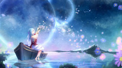 Rule 34 | 1girl, bad id, bad pixiv id, blue hair, boat, flower, from side, full moon, hair ornament, horizon, lake, long hair, looking up, moon, mountain, night, night sky, original, parted lips, petals, profile, reflection, sitting, skirt, sky, solo, star (sky), starry sky, watercraft, yonema