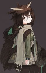 Rule 34 | 1girl, absurdres, ahoge, alternate eyewear, arknights, black pantyhose, black wristband, brown background, brown hair, brown jacket, cowboy shot, feather-trimmed jacket, feather hair, feathers, from side, glasses, green sweater, hair ornament, highres, infection monitor (arknights), jacket, looking at viewer, official alternate costume, owl ears, pantyhose, ponytail, ribiadan, short hair, silence (arknights), silence (frosted breath) (arknights), simple background, solo, sweater, yellow eyes