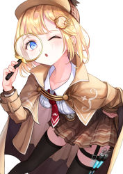 Rule 34 | 1girl, absurdres, black thighhighs, blonde hair, blouse, blue eyes, cape, collarbone, deerstalker, detective, hair ornament, hand on own hip, hat, highres, hololive, hololive english, leaning forward, magnifying glass, medium hair, necktie, one eye closed, open mouth, red necktie, shirt, simple background, solo, syringe, takuo, thighhighs, virtual youtuber, watson amelia, watson amelia (1st costume), white background, zettai ryouiki