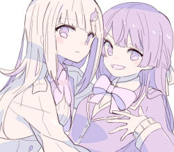 Rule 34 | 2girls, :d, blazer, blush, bow, bowtie, hair ribbon, half updo, hand on own chest, jacket, leaning on person, lize helesta, long hair, long sleeves, looking at viewer, monochrome, multiple girls, nijisanji, open mouth, purple bow, purple bowtie, purple eyes, purple hair, purple jacket, ribbon, sidelocks, smile, sou (tuhut), straight hair, tsukino mito, virtual youtuber, white hair, white jacket, yuri