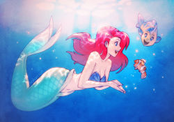 Rule 34 | 1girl, :d, air bubble, ariel (disney), artist name, bare shoulders, bikini, bikini top only, blue bikini, blue eyes, blush, breasts, bubble, cleavage, clownfish, company connection, crossover, day, disney, eye contact, finding nemo, fish, flounder (the little mermaid), from side, full body, long hair, looking at another, medium breasts, mermaid, monster girl, nana nakano, navel, nemo (nadia), open mouth, own hands together, profile, red eyes, red hair, scales, shell, shell bikini, smile, sunlight, swimsuit, tareme, the little mermaid, underwater, water