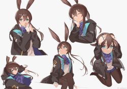 Rule 34 | 1girl, ^ ^, amiya (arknights), animal ears, arknights, arm support, arms up, black jacket, blue eyes, blue skirt, brown hair, brown pantyhose, closed eyes, closed mouth, commentary request, grey background, hair between eyes, hand up, jacket, jewelry, long hair, long sleeves, multiple views, open clothes, open jacket, own hands together, pantyhose, pleated skirt, puffy long sleeves, puffy sleeves, rabbit ears, ring, shirt, simple background, sitting, skirt, sleeves past wrists, smile, sotomie, twitter username, v-shaped eyebrows, very long hair, white shirt