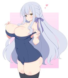 Rule 34 | 1girl, areola slip, assault lily, bare arms, bare shoulders, black thighhighs, blue one-piece swimsuit, blunt bangs, blush, border, braid, breasts, collarbone, commentary request, covered erect nipples, cowboy shot, grey hair, hair ribbon, hands up, heart, highres, kon kanaho, large breasts, long hair, looking at viewer, misaki naoe, one-piece swimsuit, outside border, parted lips, pink background, pulled by self, purple ribbon, raised eyebrows, ribbon, school swimsuit, side braid, simple background, solo, standing, strap pull, sweat, swimsuit, thighhighs, very long hair, white border, yellow eyes