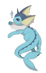 Rule 34 | animal focus, blue eyes, blue sclera, blue skin, bubble, cetacean tail, closed mouth, colored sclera, colored skin, creatures (company), fins, fish tail, forked tail, game freak, gen 1 pokemon, head fins, lying, nintendo, no humans, pawpads, pokemon, pokemon (creature), shiny skin, tail, vaporeon, white background, yumeminoideyu2