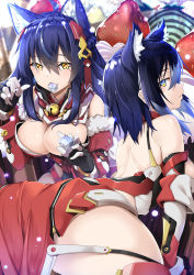 Rule 34 | 1girl, absurdres, ahoge, animal ears, ass, bare back, bare shoulders, bell, blue hair, breasts, cake, cleavage, commentary request, detached sleeves, dress, fang, food, from behind, fruit, fur trim, gloves, hair between eyes, hair ornament, highres, holding, large breasts, long bangs, long hair, looking at viewer, looking back, neck bell, original, shadow, sidelocks, solo, spread legs, strapless, strapless dress, strawberry, thighs, virtual youtuber, yellow eyes, zelitto