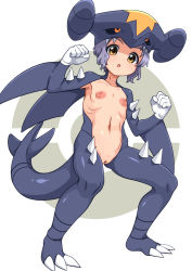 Rule 34 | 1girl, bar censor, blush, bodysuit, censored, cleft of venus, clenched hands, commentary request, cosplay, creatures (company), flat chest, game freak, garchomp, garchomp (cosplay), gen 4 pokemon, gloves, grey hair, hands up, idolmaster, idolmaster million live!, inverted nipples, kevin.g.tuck, knees, legs apart, looking at viewer, makabe mizuki, navel, nintendo, open mouth, pokemon, pussy, ribs, short hair, solo, spikes, standing, tongue, white gloves, yellow eyes