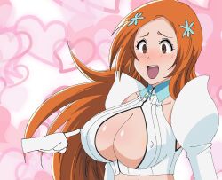 Rule 34 | 1girl, bleach, bleach: sennen kessen-hen, breasts, cleavage, cleavage cutout, clothing cutout, collared shirt, covered erect nipples, detached sleeves, disembodied hand, highres, inoue orihime, large breasts, nipples, orange hair, shirt, tagme, tears, touching nipples