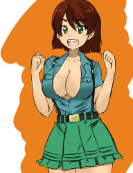 Rule 34 | 1girl, absurdres, aoshidan school uniform, belt, black belt, blue shirt, blunt ends, blush, breasts, brown hair, cleavage, clenched hands, collared shirt, commentary, frilled skirt, frills, girls und panzer, green eyes, green skirt, highres, large breasts, light blush, looking at viewer, miniskirt, moesenyukikaze, open mouth, partially unbuttoned, pleated skirt, school uniform, shirt, short hair, short sleeves, skirt, smile, solo, suspenders, tristana (girls und panzer), w arms
