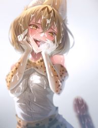 Rule 34 | 10s, 1girl, animal ears, bad id, bad pixiv id, blonde hair, blurry, blush, bow, bowtie, breasts, breath, cum, cum on body, cum on clothes, cum on hair, cum on upper body, elbow gloves, facial, gloves, hands on own cheeks, hands on own face, heart, heart-shaped pupils, highres, ishihara (kuniyoshi), kemono friends, looking at viewer, open mouth, penis, print bow, print gloves, saliva, serval (kemono friends), serval print, short hair, small breasts, solo focus, symbol-shaped pupils, white gloves, yandere trance, yellow eyes