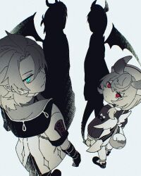 1boy 1girl albedo_(genshin_impact) animal_ears blue_eyes different_shadow from_behind genshin_impact grey_hair highres kemono_j looking_at_viewer looking_back medium_hair monochrome red_eyes shadow sigewinne_(genshin_impact) spot_color standing tail white_background