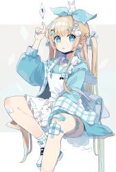 Rule 34 | + +, 1girl, :p, absurdres, alice (alice in wonderland), alice in wonderland, animal, apron, arm up, backpack, bag, bandages, bandaid, bandaid on leg, blonde hair, blue bow, blue dress, blue eyes, blue nails, blunt bangs, blush, blush stickers, bow, bowtie, card, chon (chon33v), commentary request, dress, ear piercing, earrings, fingernails, frilled apron, frills, hair bow, hair ornament, hair ribbon, hairclip, hairpin, hand up, heart, heart-shaped pupils, highres, jewelry, long hair, long sleeves, looking at viewer, mask, mouth mask, nail polish, piercing, playing card, rabbit, rabbit hair ornament, ribbon, sailor collar, shoes, sidelocks, signature, simple background, sitting, socks, solo, symbol-shaped pupils, thigh strap, tongue, tongue out, two side up, very long hair, white apron, white background, white footwear, white socks, x hair ornament