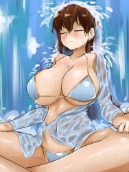 Rule 34 | 1girl, absurdres, bare shoulders, bikini, bikini top only, blue bikini, blush, breasts, brown hair, cleavage, closed mouth, covered navel, closed eyes, fate/grand order, fate (series), hair between eyes, highres, huge breasts, indian style, large breasts, lotus position, meditation, see-through, sitting, solo, steamingtofu, strap gap, swimsuit, underboob, water, wet, xuangzang sanzang (fate)