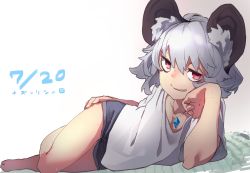 Rule 34 | 1girl, animal ears, arm support, bare legs, barefoot, dated, grey hair, grin, highres, jewelry, looking at viewer, lying, mouse ears, nazrin, on side, pendant, red eyes, reiga (act000), shirt, short hair, short shorts, short sleeves, shorts, smile, solo, sweat, touhou, white background, white shirt