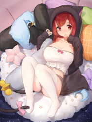 Rule 34 | 1girl, animal ears, animal hood, azur lane, bird, black hoodie, blush, breasts, cat ears, cat tail, cleavage, collarbone, eyebrows hidden by hair, finger to own chin, grey shorts, highres, holding, holding pillow, hood, hoodie, i-19 (azur lane), i-19 (pillowy paradise) (azur lane), large breasts, legs folded, loungewear, hugging object, open mouth, penguin, pillow, pillow hug, red eyes, red hair, ribbon, short hair, shorts, sleeves past wrists, solo, stuffed animal, stuffed toy, tail, tail ornament, tail ribbon, thighhighs, torpedo, white thighhighs, yashemao qishi