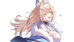 Rule 34 | 1girl, black collar, black jacket, blonde hair, blue hair, blush, breasts, closed eyes, collar, dress, erezu, fur-trimmed jacket, fur trim, fuwawa abyssgard, fuwawa abyssgard (1st costume), hair ornament, hairpin, heart, highres, hololive, hololive english, jacket, large breasts, long hair, looking at viewer, multicolored hair, open mouth, sideboob, smile, solo, spiked collar, spikes, streaked hair, two side up, virtual youtuber, white background, white dress