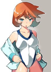 Rule 34 | bare shoulders, blue eyes, blush, creatures (company), game freak, misty (pokemon), mituyota 76, nintendo, one-piece swimsuit, open clothes, open mouth, orange hair, pokemon, pokemon hgss, short hair, swimsuit