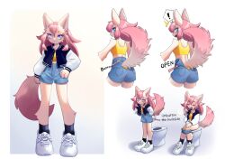 Rule 34 | 1girl, animal ears, blue eyes, breath, clothes pull, english text, female focus, furry, furry female, jacket, panties, panty pull, pink hair, shoes, shorts, shorts pull, sitting, solo, standing, tail, toilet, toilet use, underwear, unousaya