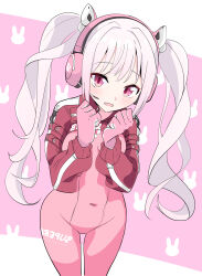 Rule 34 | 1girl, absurdres, alice (nikke), animal ear headphones, animal ears, blush, bodysuit, clothes writing, covered navel, cropped jacket, fake animal ears, gloves, goddess of victory: nikke, grey hair, hair intakes, hands up, headphones, headset, highres, impossible bodysuit, impossible clothes, jacket, latex, latex bodysuit, long hair, open mouth, pink bodysuit, pink eyes, pink gloves, pink headphones, puffy sleeves, rabbit background, red jacket, sidelocks, skin tight, solo, thigh gap, twintails, two-tone gloves, user zker5828, white gloves