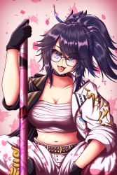 Rule 34 | 1girl, absurdres, ahoge, black choker, black gloves, black hair, blue eyes, bokken, breasts, choker, cleavage, coat, collarbone, commentary, english commentary, glasses, gloves, highres, indie virtual youtuber, kson, large breasts, mole, mole under eye, multicolored coat, navel, open clothes, open coat, pants, petal print, piercing, print pants, sarashi, solo, souchou, sword, tongue, tongue out, tongue piercing, two-tone coat, virtual youtuber, vlack, weapon, white pants, wooden sword