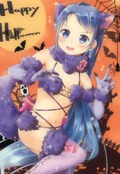 Rule 34 | 1girl, animal ears, bat (animal), blue eyes, blue hair, bug, commentary request, cosplay, cowboy shot, elbow gloves, fang, fate/grand order, fate (series), full moon, fur-trimmed gloves, fur-trimmed legwear, fur collar, fur trim, ghost, gloves, halloween, halloween costume, happy halloween, highres, kantai collection, long hair, mae (maesanpicture), mash kyrielight, mash kyrielight (dangerous beast), mash kyrielight (dangerous beast) (cosplay), moon, navel, o-ring, o-ring top, official alternate costume, open mouth, purple gloves, purple thighhighs, revealing clothes, samidare (kancolle), silk, solo, spider, spider web, tail, thighhighs, very long hair, wolf ears, wolf tail