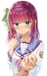 Rule 34 | 1boy, 1girl, absurdres, angel beats!, aqua eyes, black hairband, blue sailor collar, blunt bangs, blush, bow, closed mouth, commentary request, eyelashes, eyes visible through hair, frown, glint, green bow, hair bow, hairband, hand up, highres, holding hands, jewelry, light purple hair, lips, long hair, long sleeves, looking at viewer, medium hair, nakamura yuri, neckerchief, nose blush, pink neckerchief, playing with own hair, pov, pov hands, ring, sailor collar, shinda sekai sensen uniform, shirt, shy, simple background, solo focus, straight-on, straight hair, sweatdrop, twitter username, upper body, upturned eyes, wedding ring, white background, white shirt, zuzuhashi