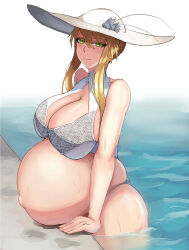 Rule 34 | 13otsu, 1girl, absurdres, artoria pendragon (all), artoria pendragon (fate), artoria pendragon (lancer) (fate), artoria pendragon (swimsuit ruler) (fate), artoria pendragon (swimsuit ruler) (second ascension) (fate), big belly, blonde hair, blush, braid, breasts, cleavage, cleavage cutout, clothing cutout, curvy, fate/grand order, fate (series), french braid, green eyes, hair bun, hair over shoulder, hat, highres, huge breasts, long hair, looking at viewer, outie navel, pool, poolside, pregnant, shiny skin, sidelocks, skindentation, smile, solo, sun hat, swimsuit, thick thighs, thighs, wet, wide hips