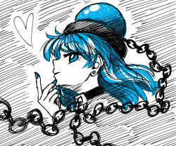 Rule 34 | 1girl, black choker, blue eyes, blue hair, blue nails, chain, choker, commentary request, earrings, from side, hand up, heart, hecatia lapislazuli, hecatia lapislazuli (earth), highres, jewelry, long hair, looking at viewer, nail polish, nokisakifuurin, profile, smile, solo, stud earrings, touhou, white background