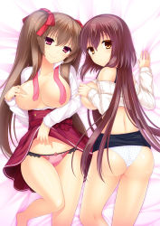 Rule 34 | 2girls, agekichi (heart shape), ass, bed sheet, breasts, brown hair, butt crack, clothes lift, collared shirt, convenient censoring, covered erect nipples, from above, gradient background, head tilt, highres, large breasts, long sleeves, looking at viewer, looking back, lying, mikanagi atori, mikanagi yuu, multiple girls, namaiki! (game), necktie, on back, on stomach, open clothes, open shirt, panties, pink eyes, pink panties, polka dot, polka dot panties, red necktie, shirt, sideboob, smile, sweater, sweater lift, twintails, underwear, undone necktie, white panties, white shirt