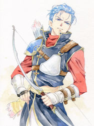 Rule 34 | 1boy, agahari, armor, arrow (projectile), blue eyes, blue hair, bow (weapon), bracer, breastplate, fingerless gloves, fire emblem, fire emblem: genealogy of the holy war, gloves, gradient background, lester (fire emblem), long sleeves, male focus, manly, matching hair/eyes, nintendo, painting (medium), quiver, scowl, single glove, solo, traditional media, weapon, white background